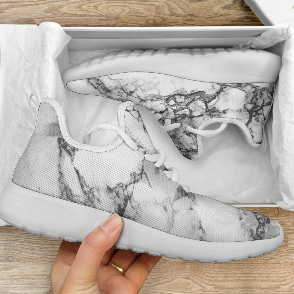 White Dark Grey Marble Print Mesh Knit Shoes GearFrost