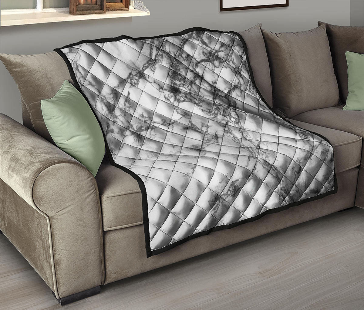 White Dark Grey Marble Print Quilt