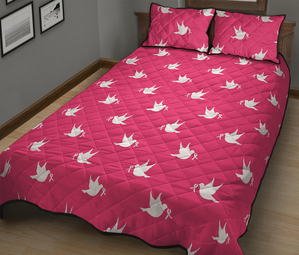 White Dove Breast Cancer Pattern Print Quilt Bed Set