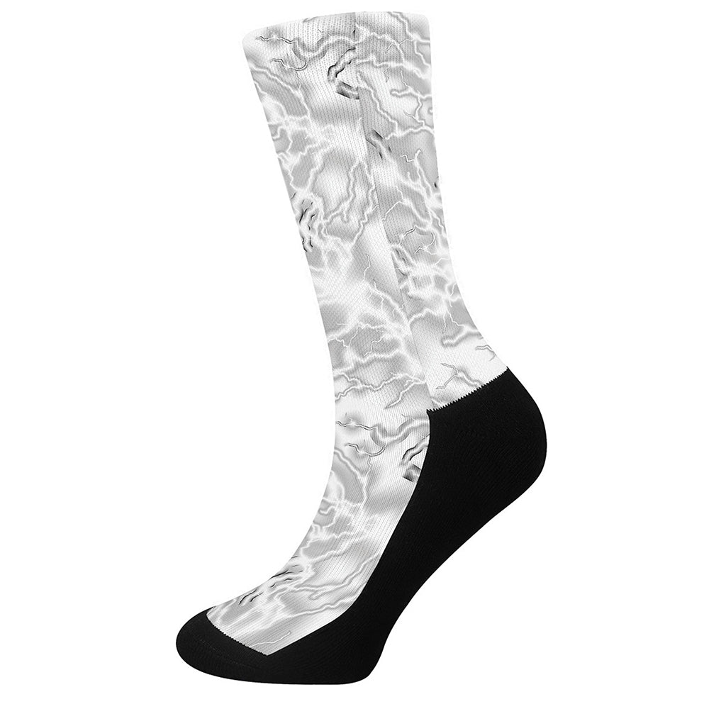 White Electric Lightning Print Crew Socks