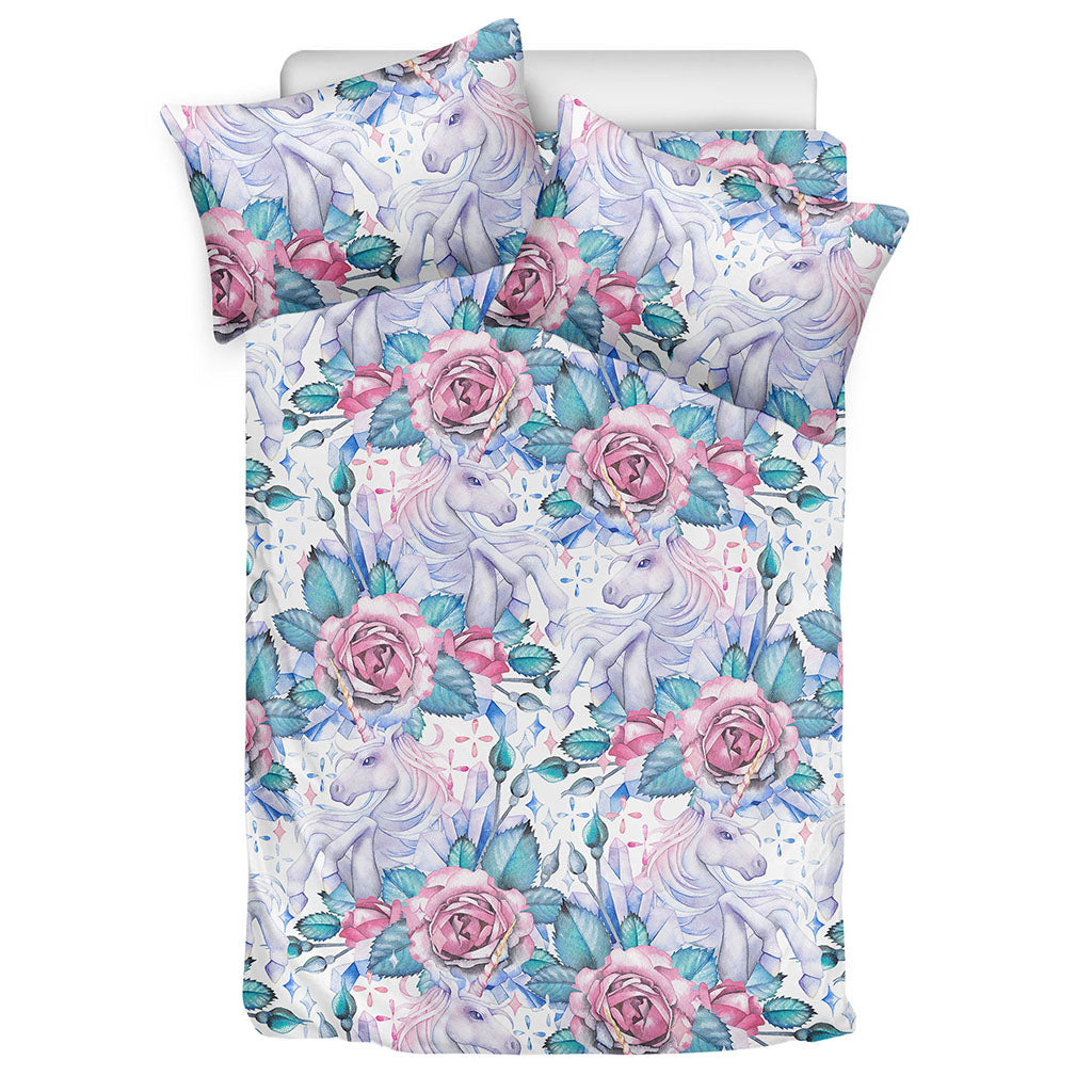 White Fairy Rose Unicorn Pattern Print Duvet Cover Bedding Set