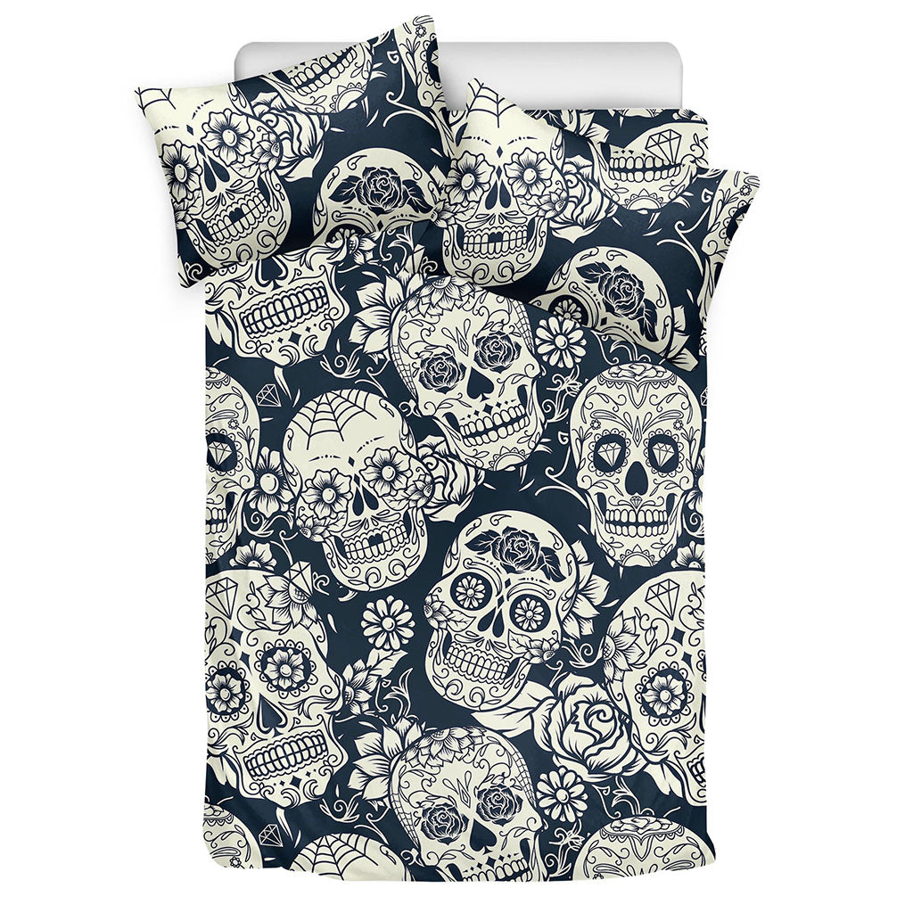 White Floral Sugar Skull Pattern Print Duvet Cover Bedding Set