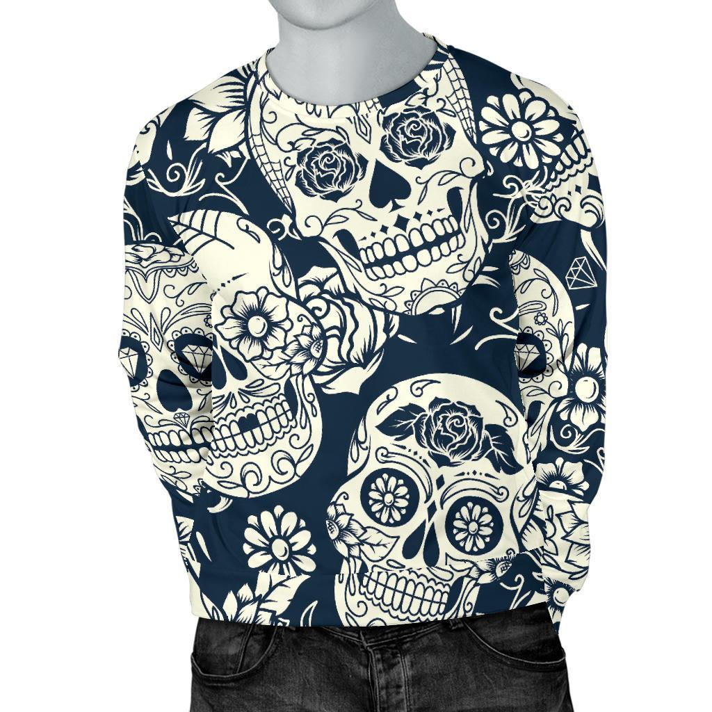 White Floral Sugar Skull Pattern Print Men's Crewneck Sweatshirt GearFrost