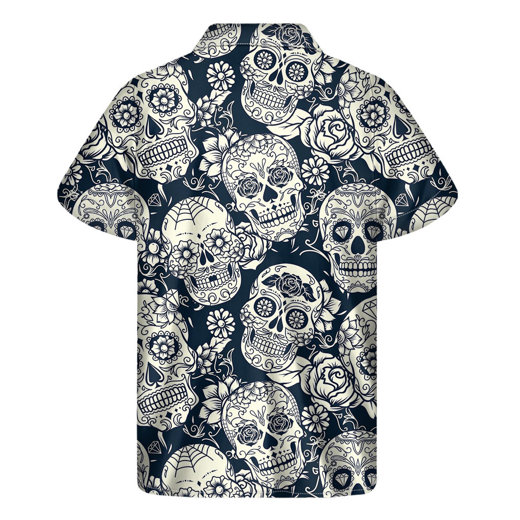 White Floral Sugar Skull Pattern Print Men's Short Sleeve Shirt