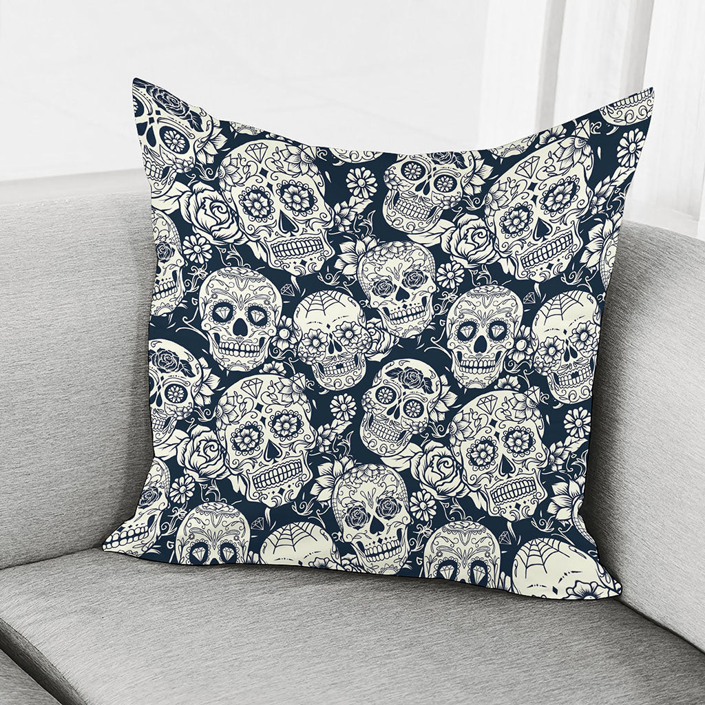 White Floral Sugar Skull Pattern Print Pillow Cover