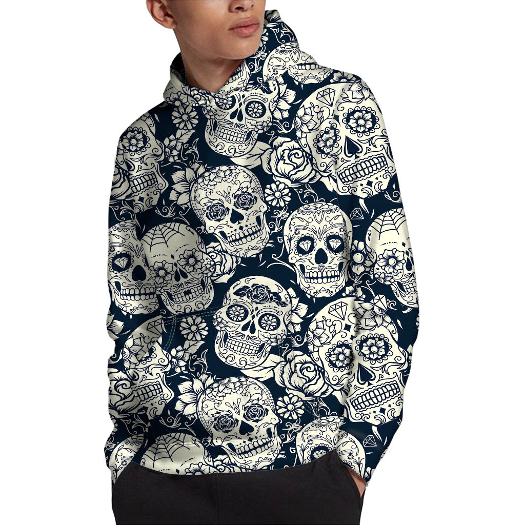 White Floral Sugar Skull Pattern Print Pullover Hoodie