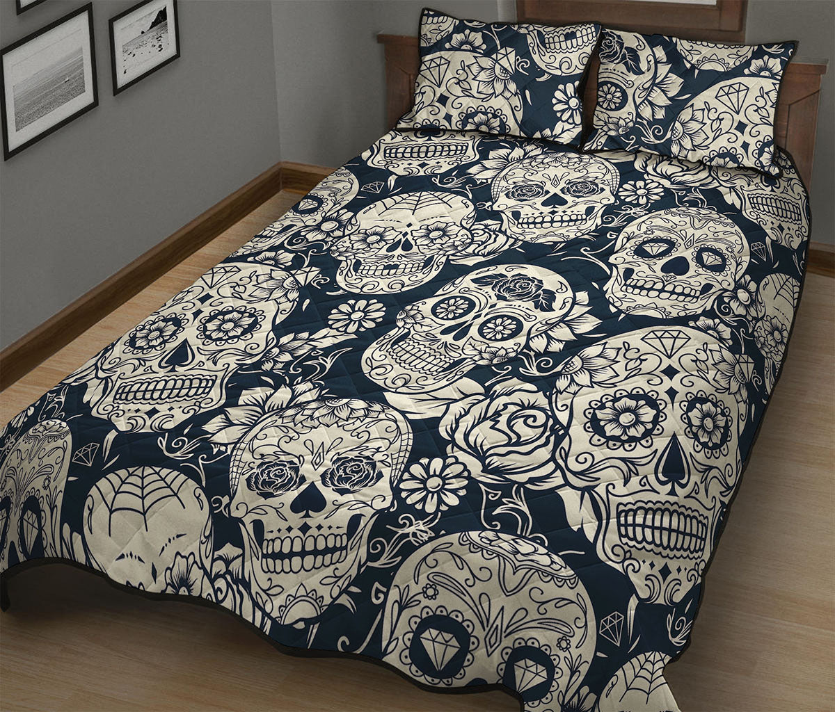 White Floral Sugar Skull Pattern Print Quilt Bed Set