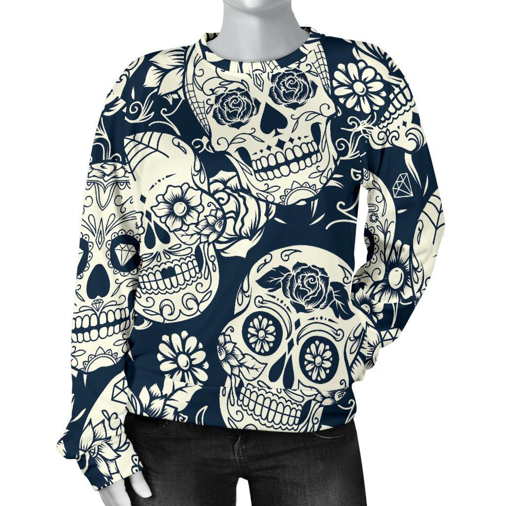White Floral Sugar Skull Pattern Print Women's Crewneck Sweatshirt GearFrost