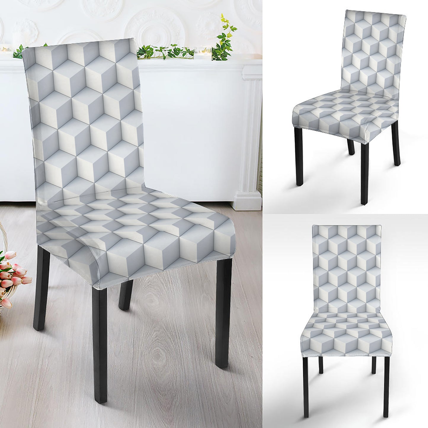 White Geometric Cube Shape Pattern Print Dining Chair Slipcover