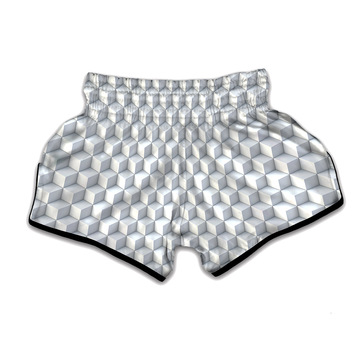 White Geometric Cube Shape Pattern Print Muay Thai Boxing Shorts