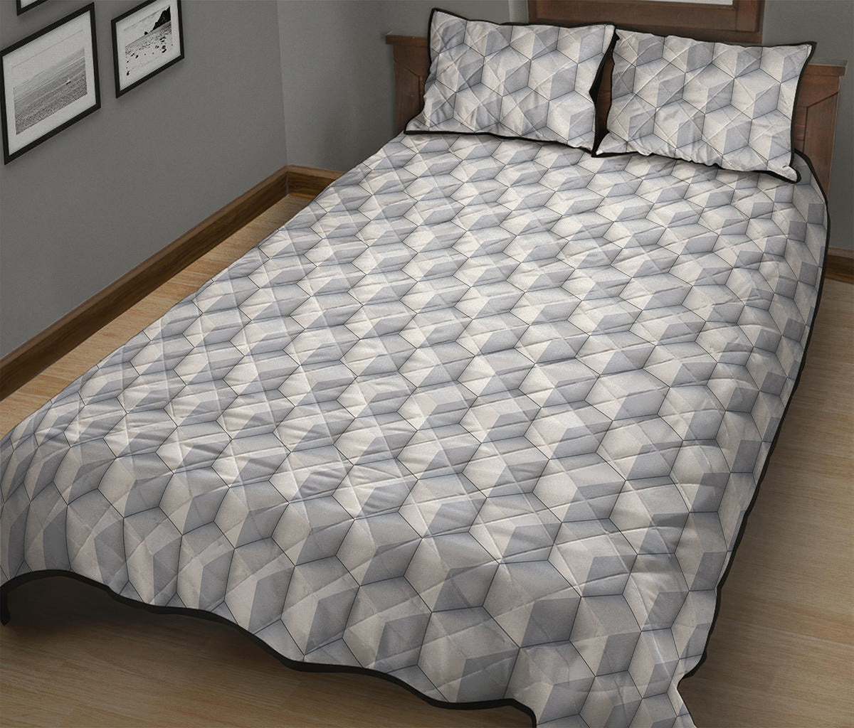 White Geometric Cube Shape Pattern Print Quilt Bed Set