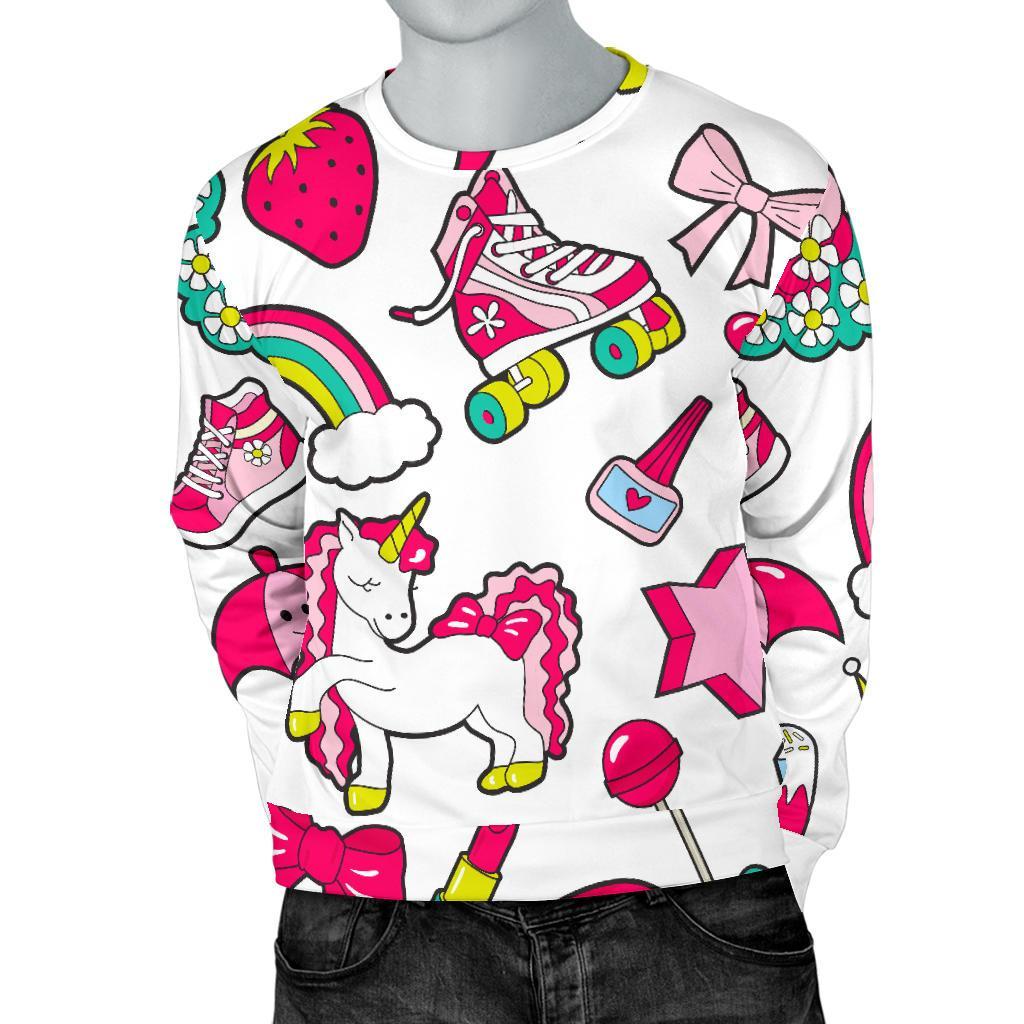 White Girly Unicorn Pattern Print Men's Crewneck Sweatshirt GearFrost