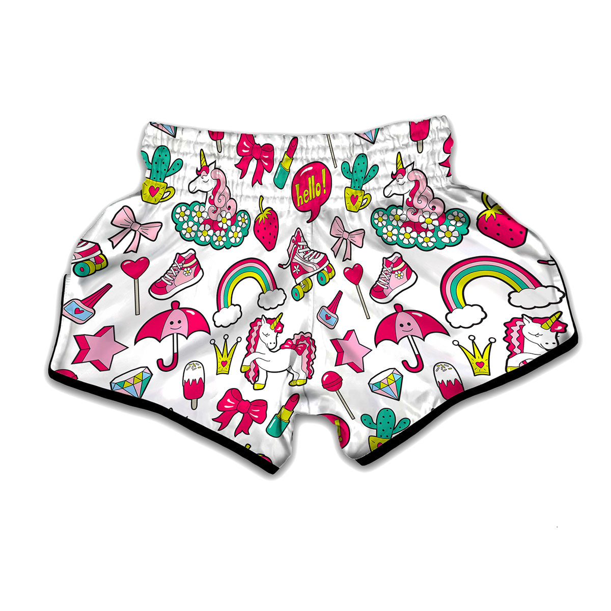 White Girly Unicorn Pattern Print Muay Thai Boxing Shorts