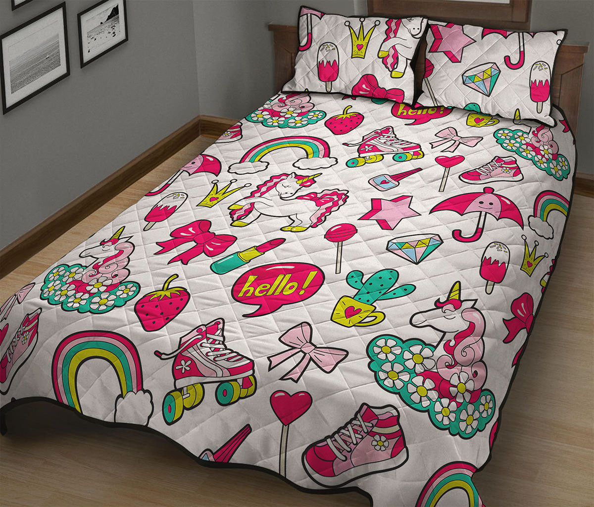 White Girly Unicorn Pattern Print Quilt Bed Set