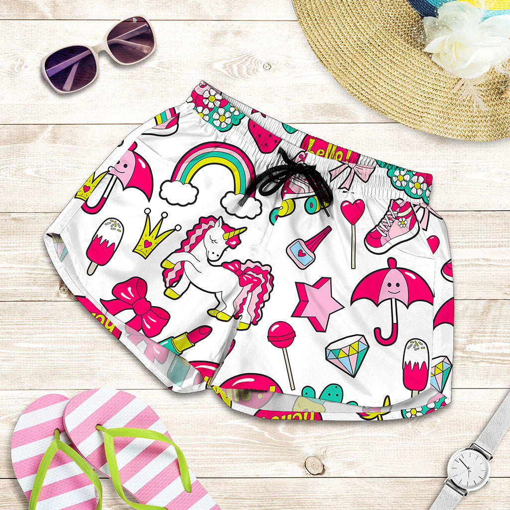 White Girly Unicorn Pattern Print Women's Shorts