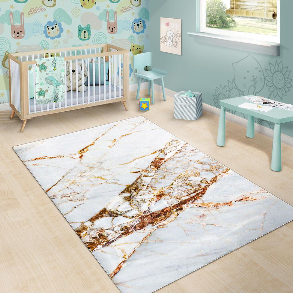White Gold Grunge Marble Print Area Rug GearFrost