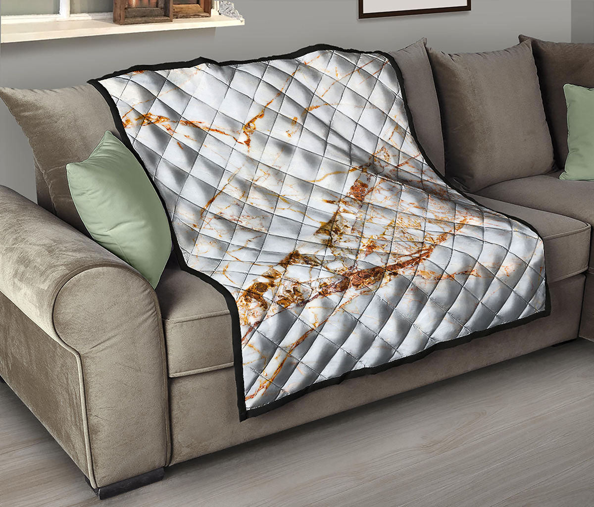 White Gold Grunge Marble Print Quilt