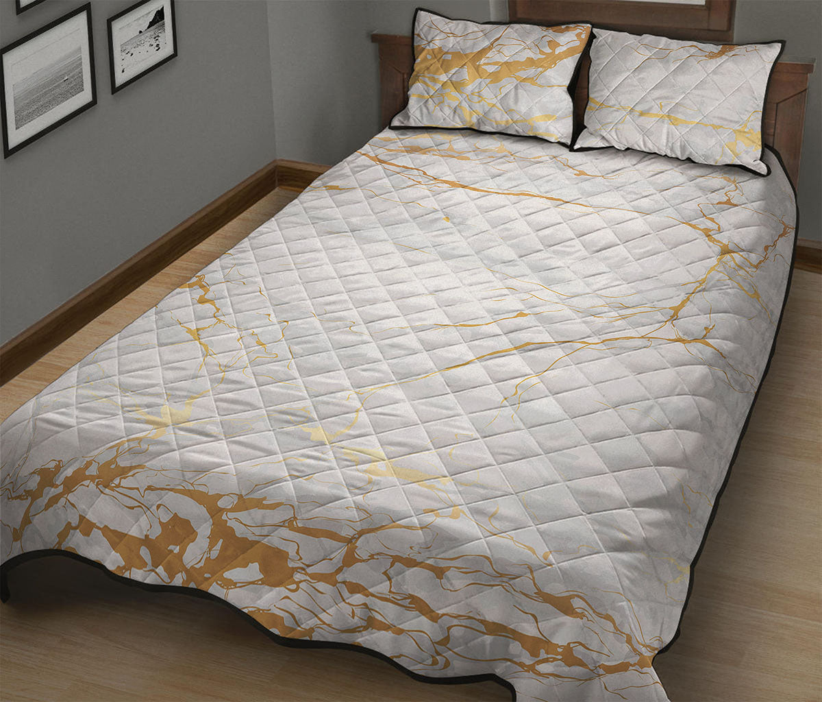 White Gold Scratch Marble Print Quilt Bed Set