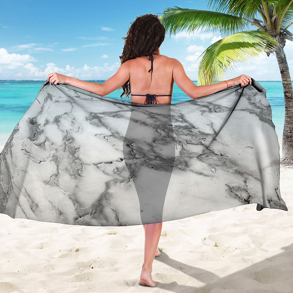 White Gray Marble Print Beach Sarong Wrap