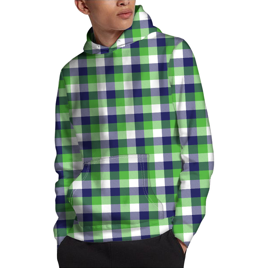White Green And Blue Buffalo Plaid Print Pullover Hoodie