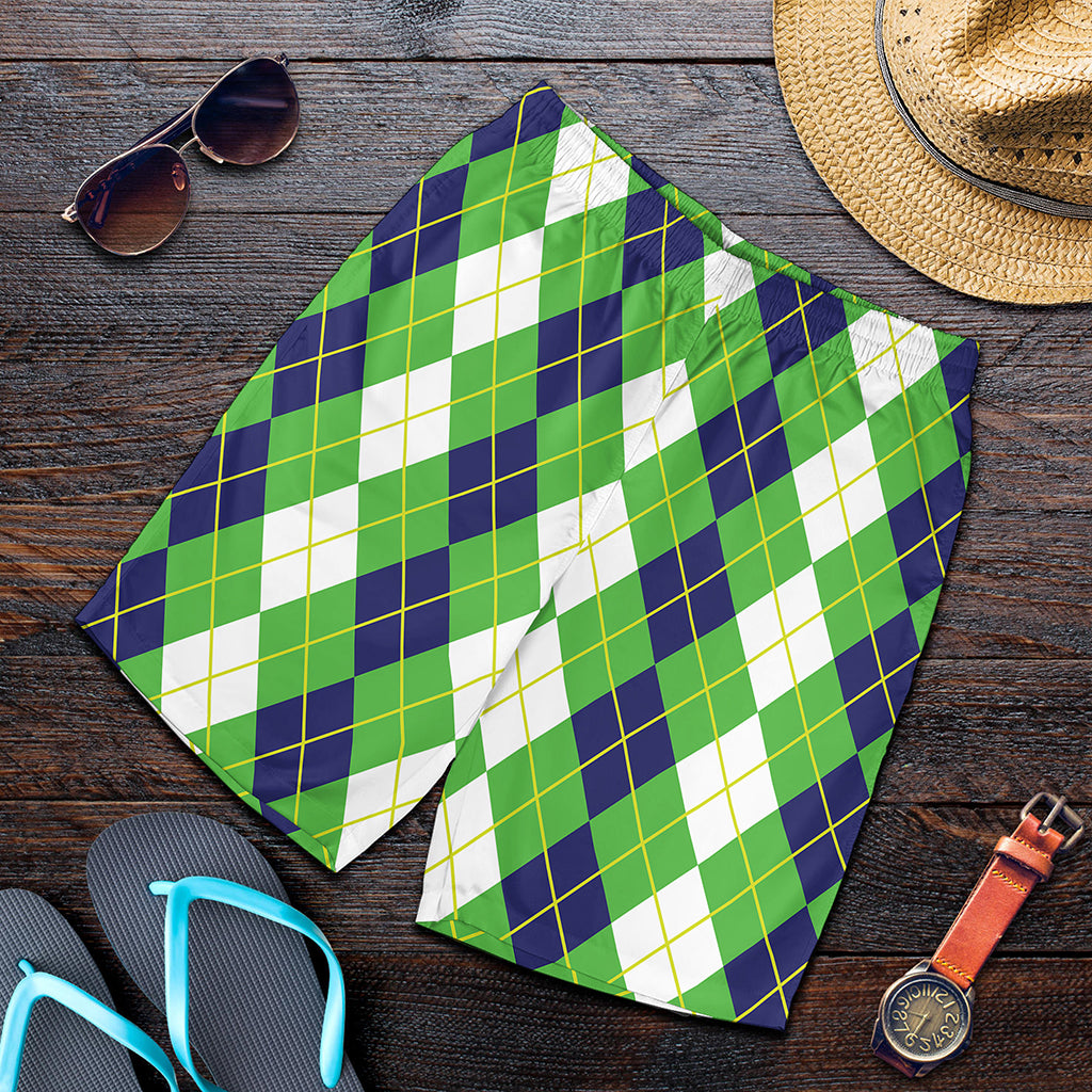 White Green And Navy Argyle Print Men's Shorts