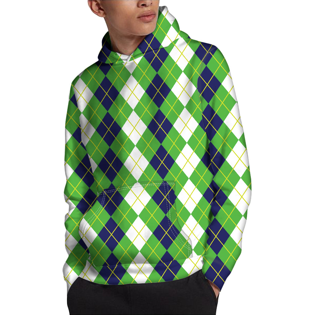 White Green And Navy Argyle Print Pullover Hoodie