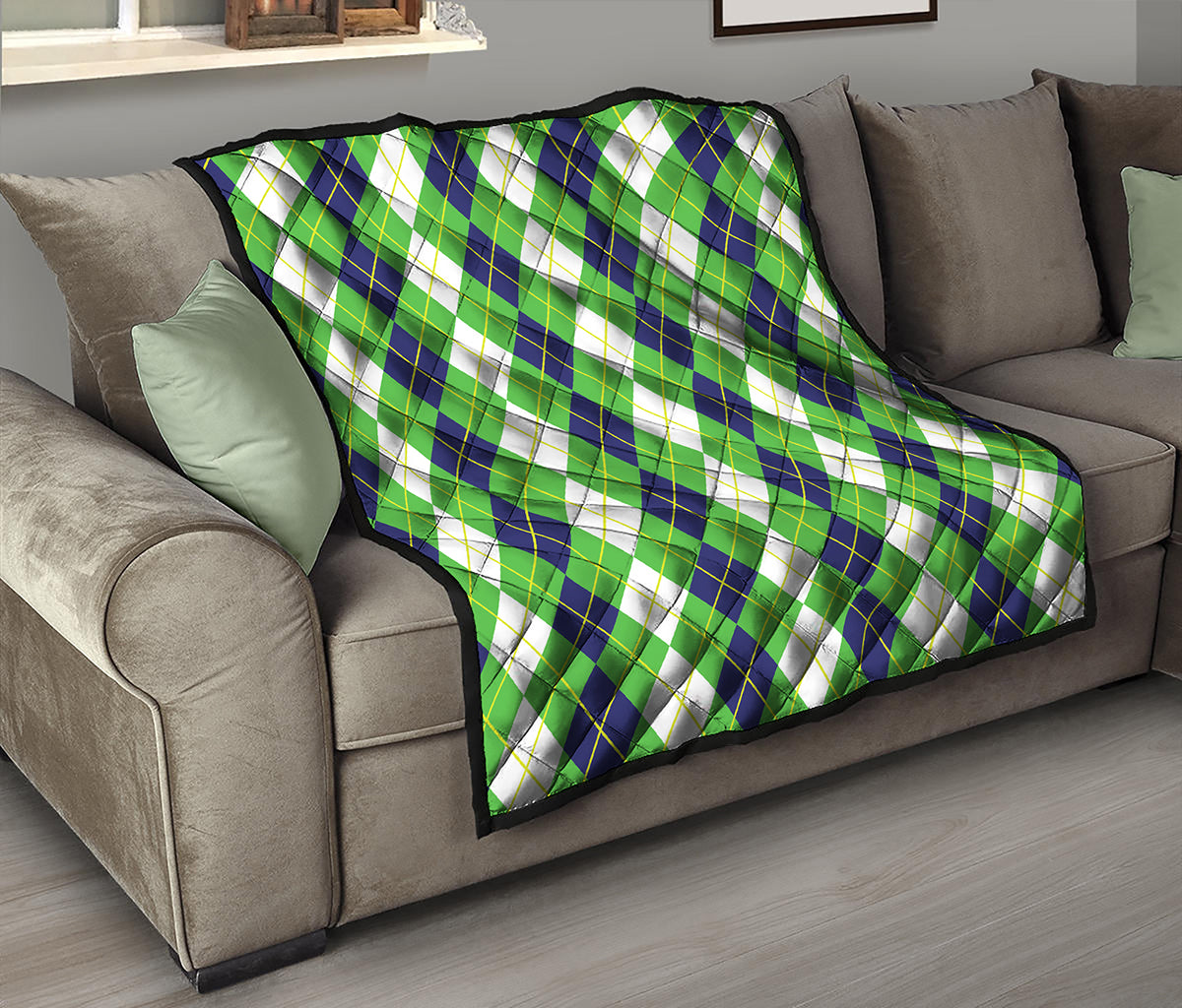 White Green And Navy Argyle Print Quilt