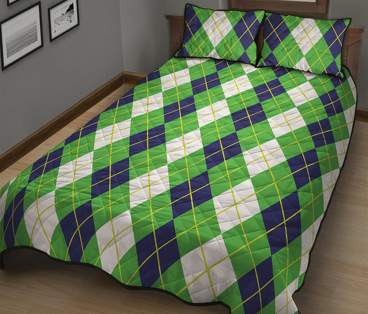 White Green And Navy Argyle Print Quilt Bed Set