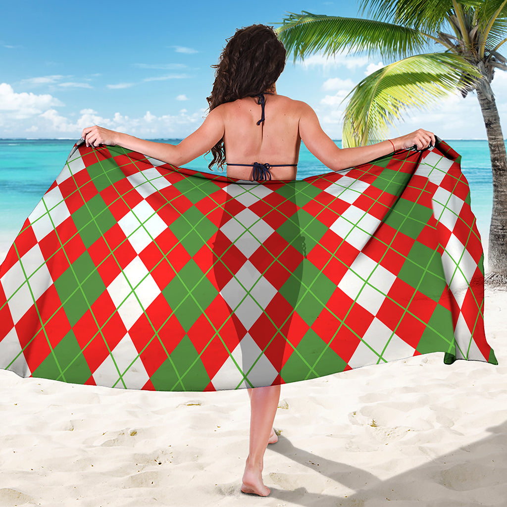 White Green And Red Argyle Pattern Print Beach Sarong Wrap