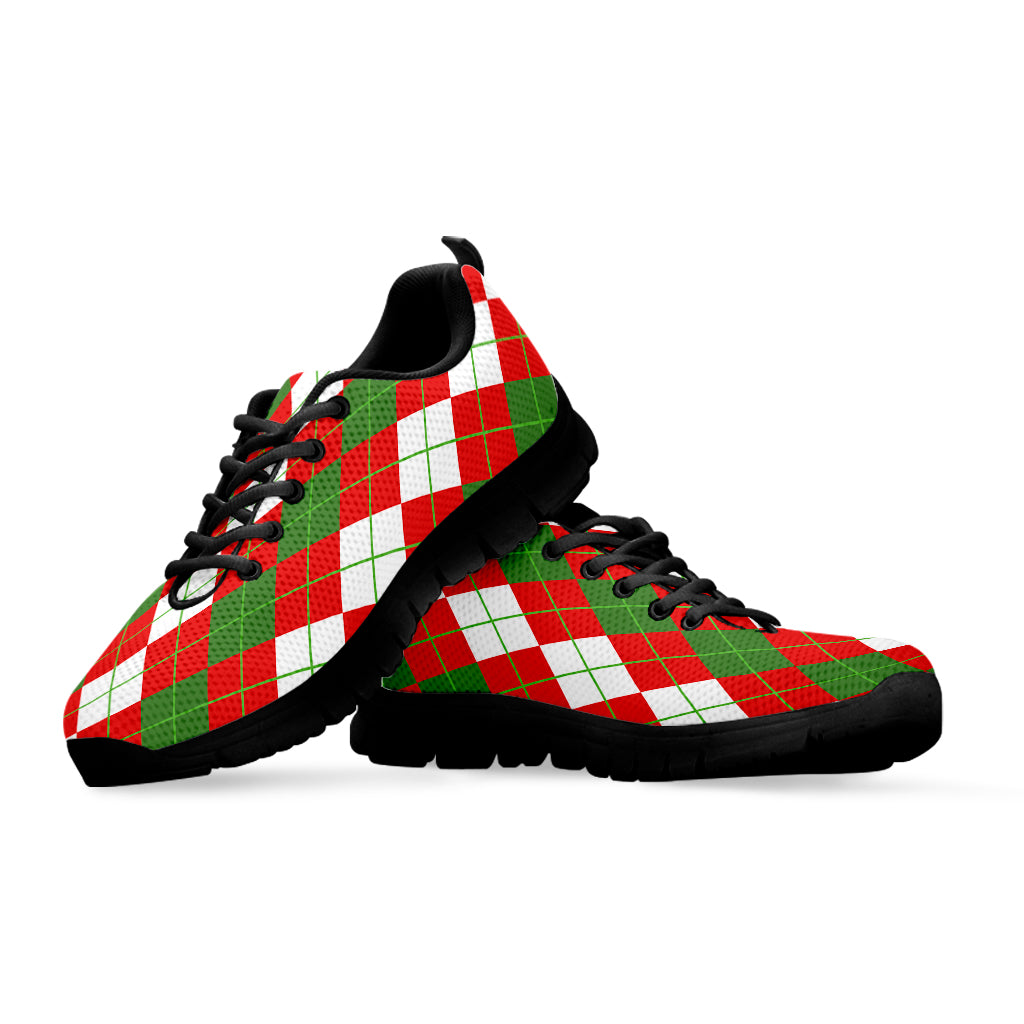 White Green And Red Argyle Pattern Print Black Sneakers