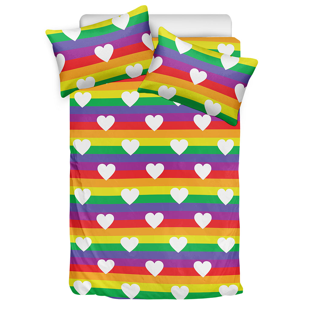 White Heart On LGBT Pride Striped Print Duvet Cover Bedding Set