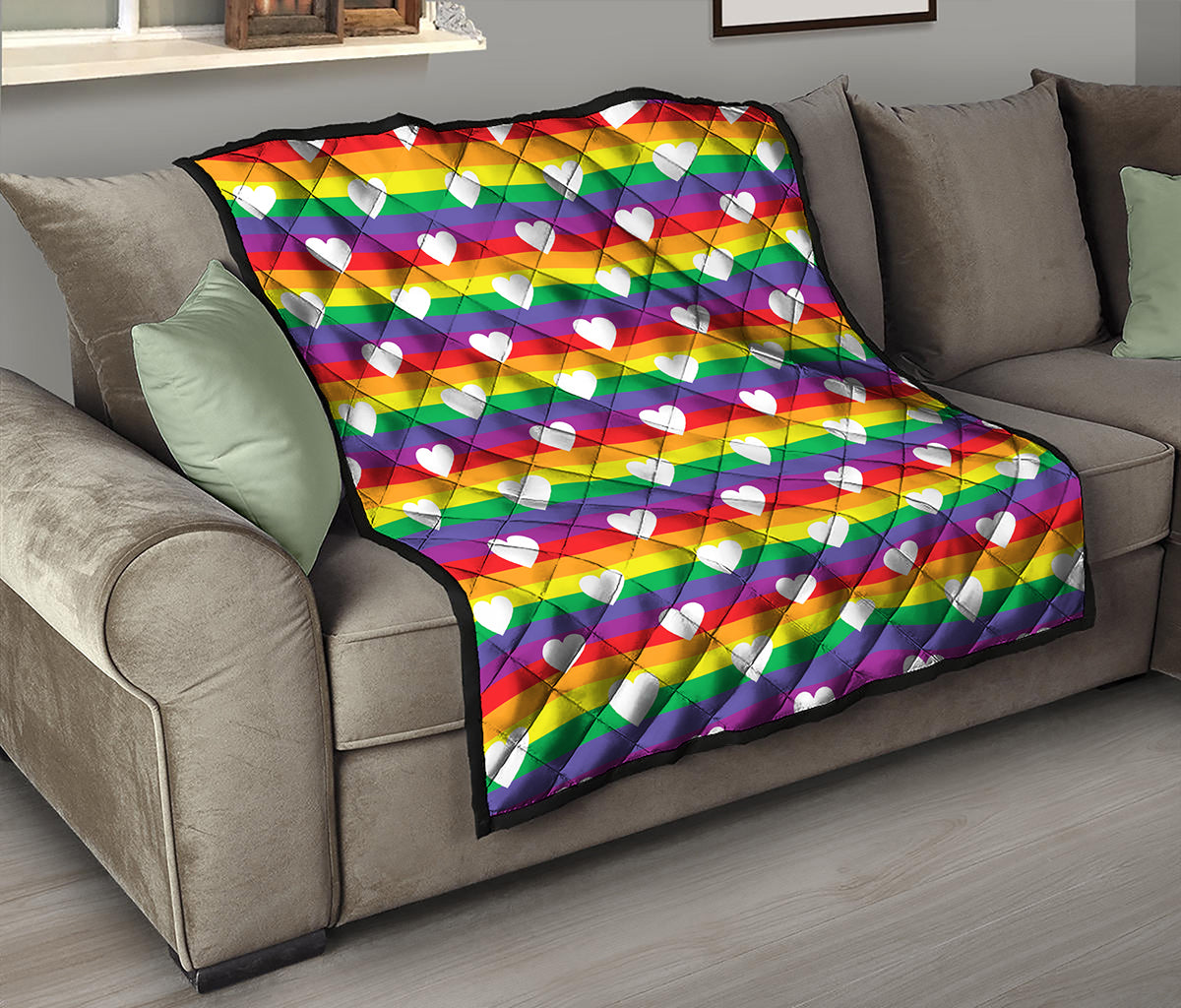 White Heart On LGBT Pride Striped Print Quilt