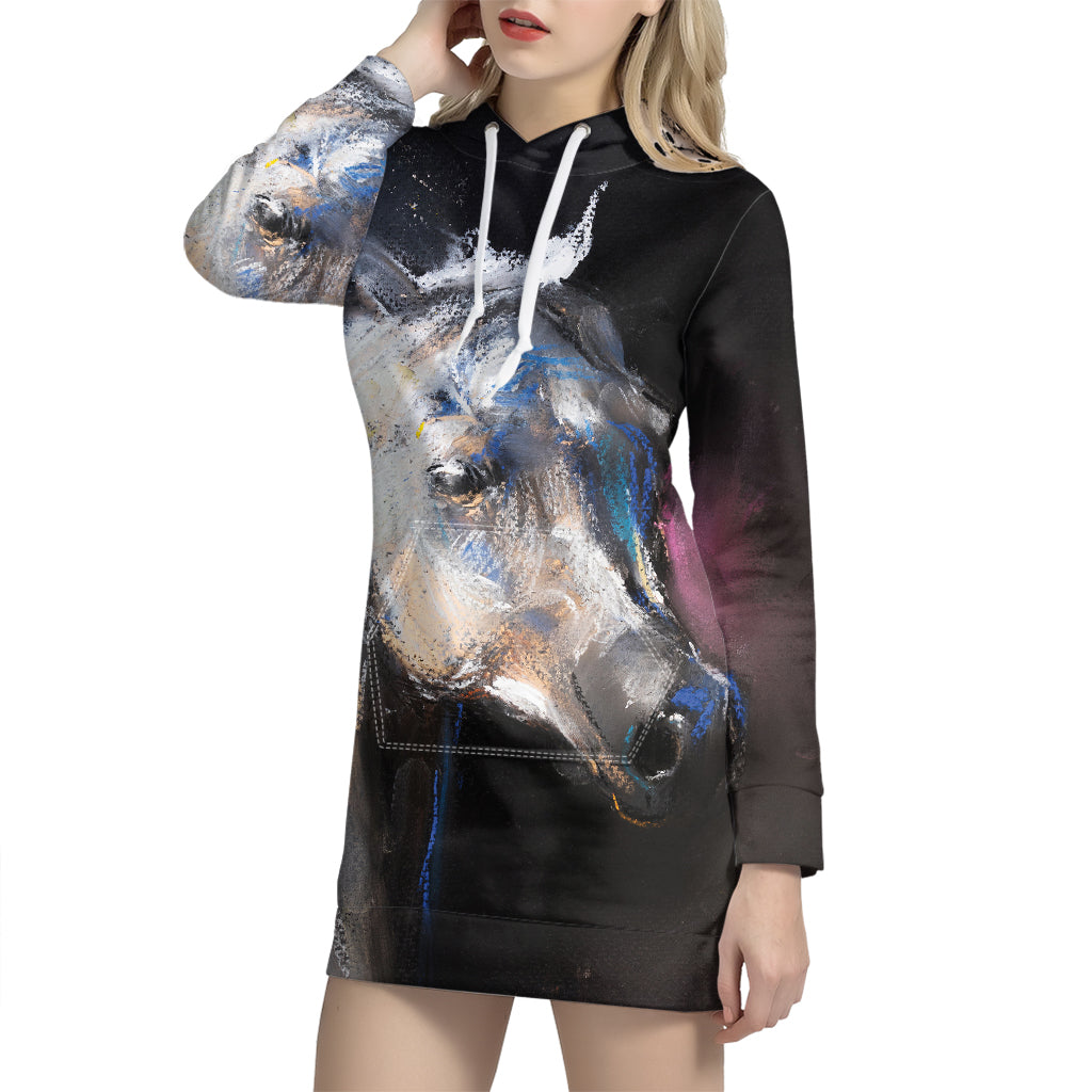 White Horse Portrait Print Pullover Hoodie Dress