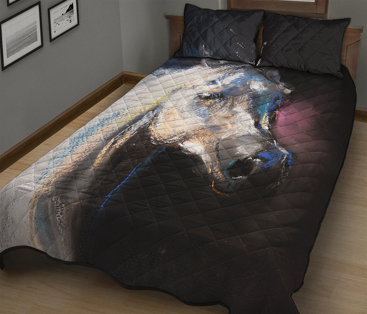White Horse Portrait Print Quilt Bed Set