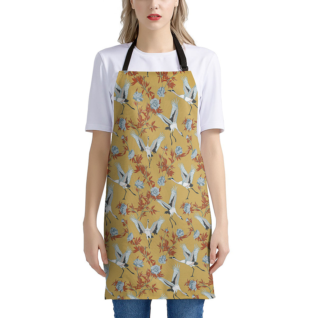 White Japanese Cranes Pattern Print Apron