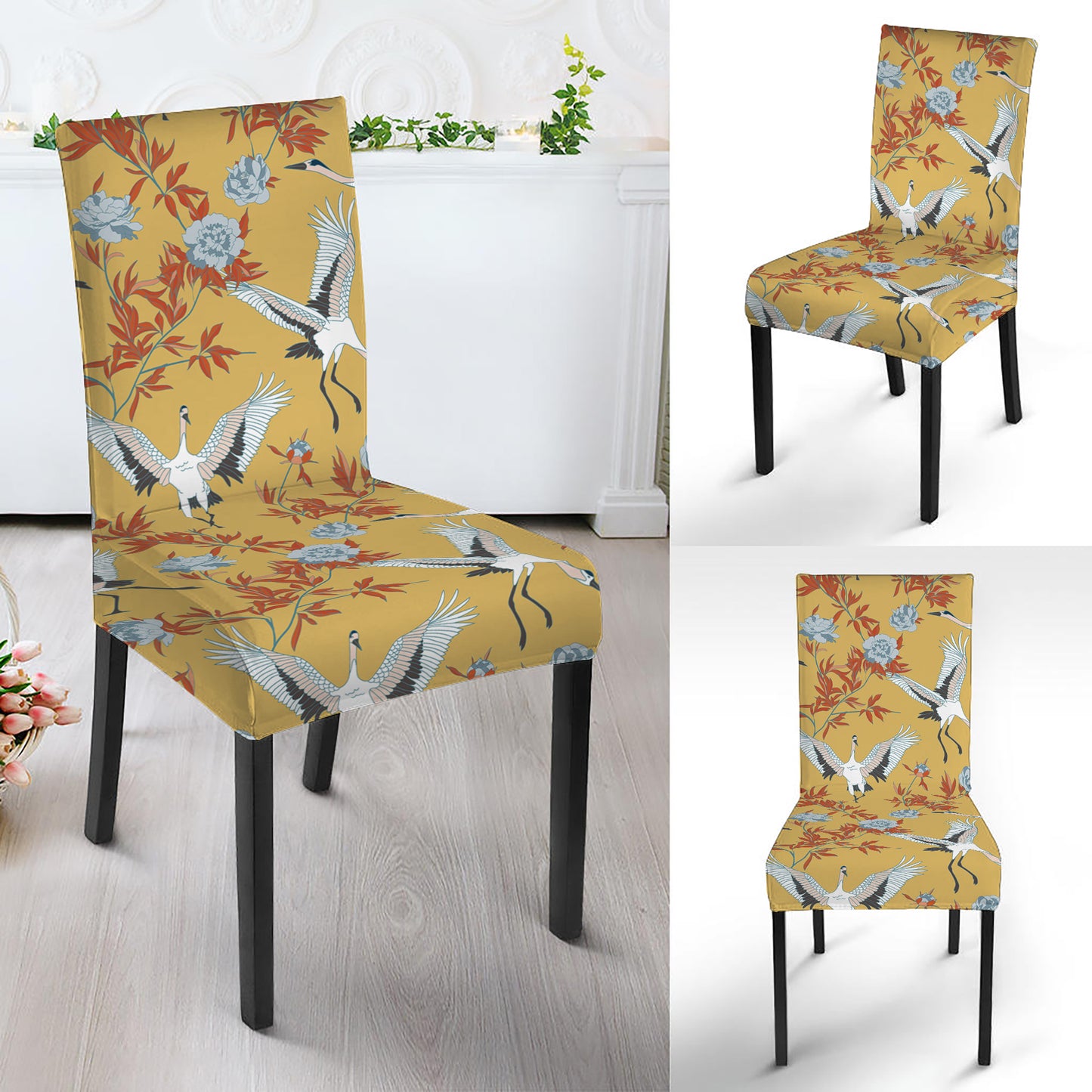 White Japanese Cranes Pattern Print Dining Chair Slipcover