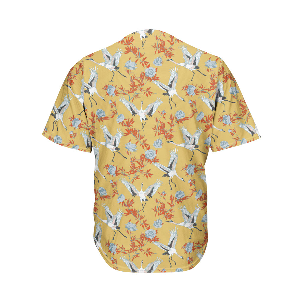 White Japanese Cranes Pattern Print Men's Baseball Jersey