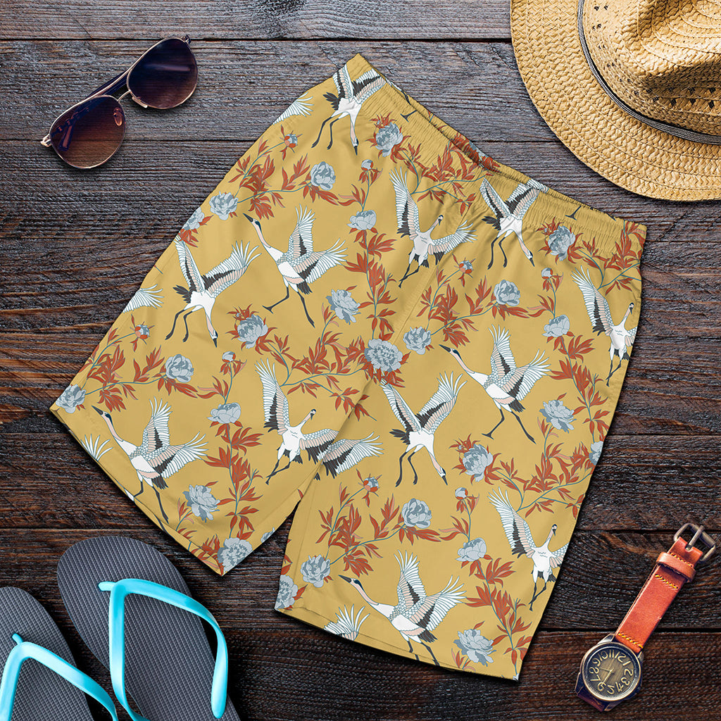 White Japanese Cranes Pattern Print Men's Shorts