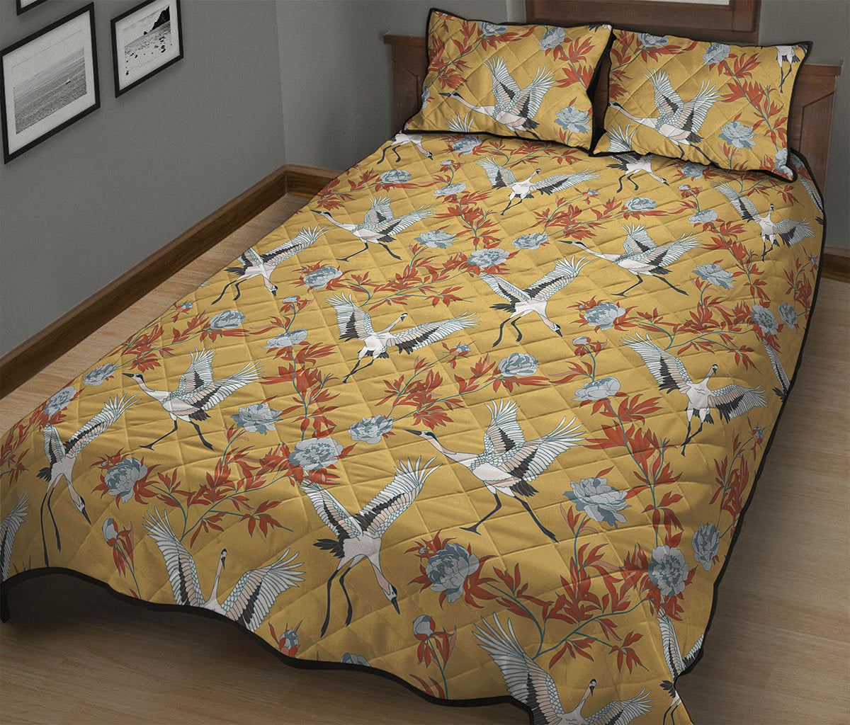 White Japanese Cranes Pattern Print Quilt Bed Set