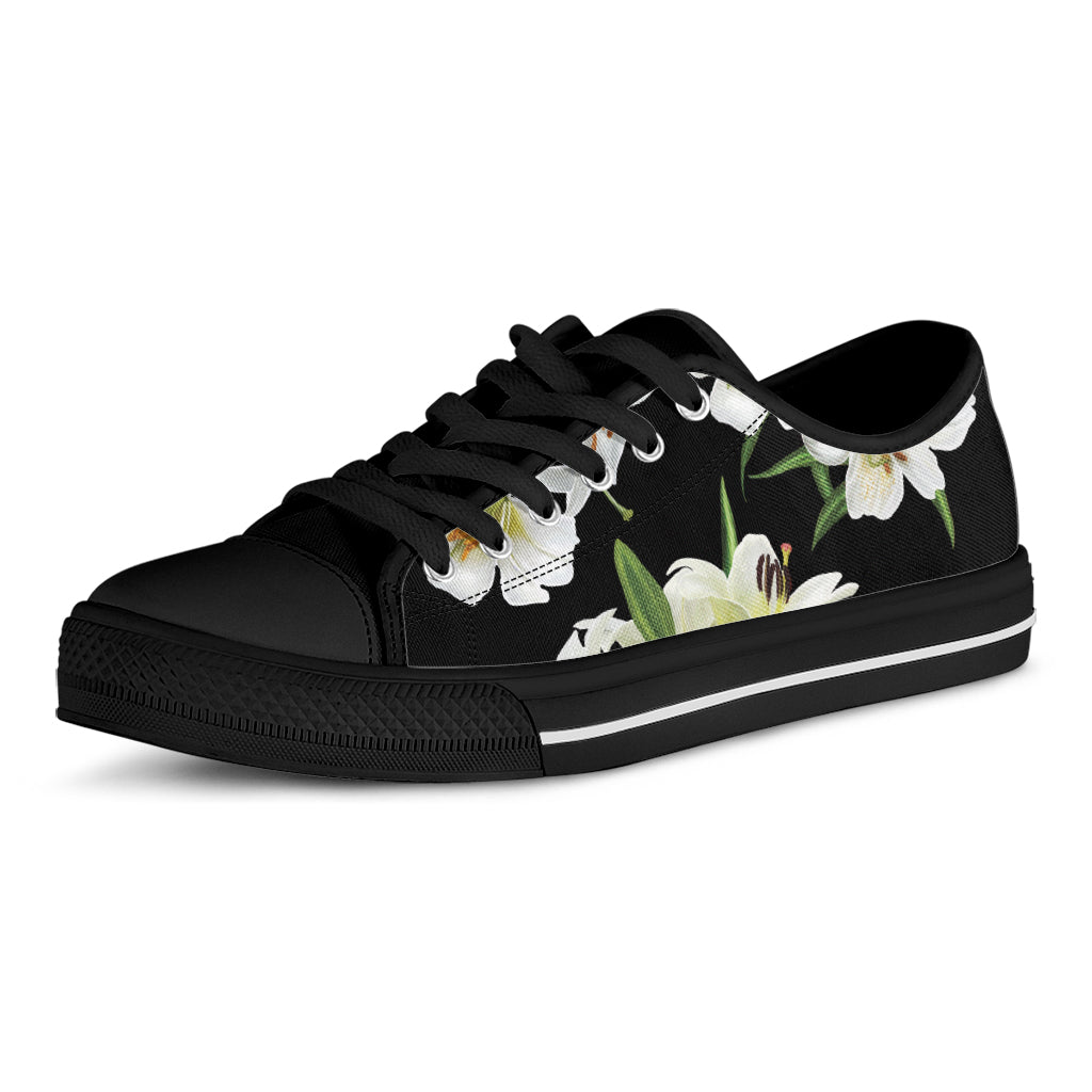 White Lily Print Black Low Top Shoes