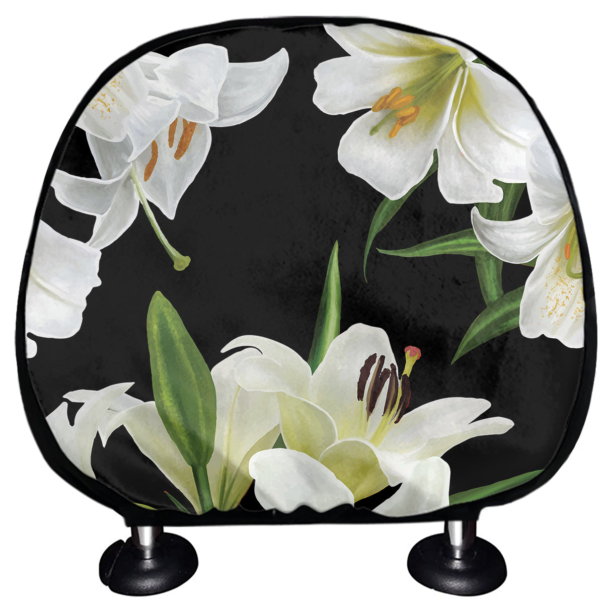 White Lily Print Car Headrest Covers
