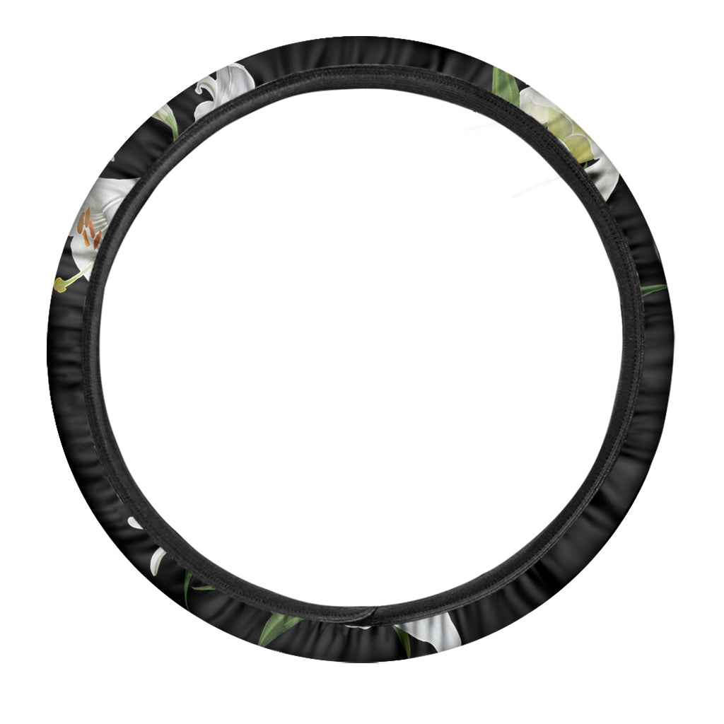 White Lily Print Car Steering Wheel Cover