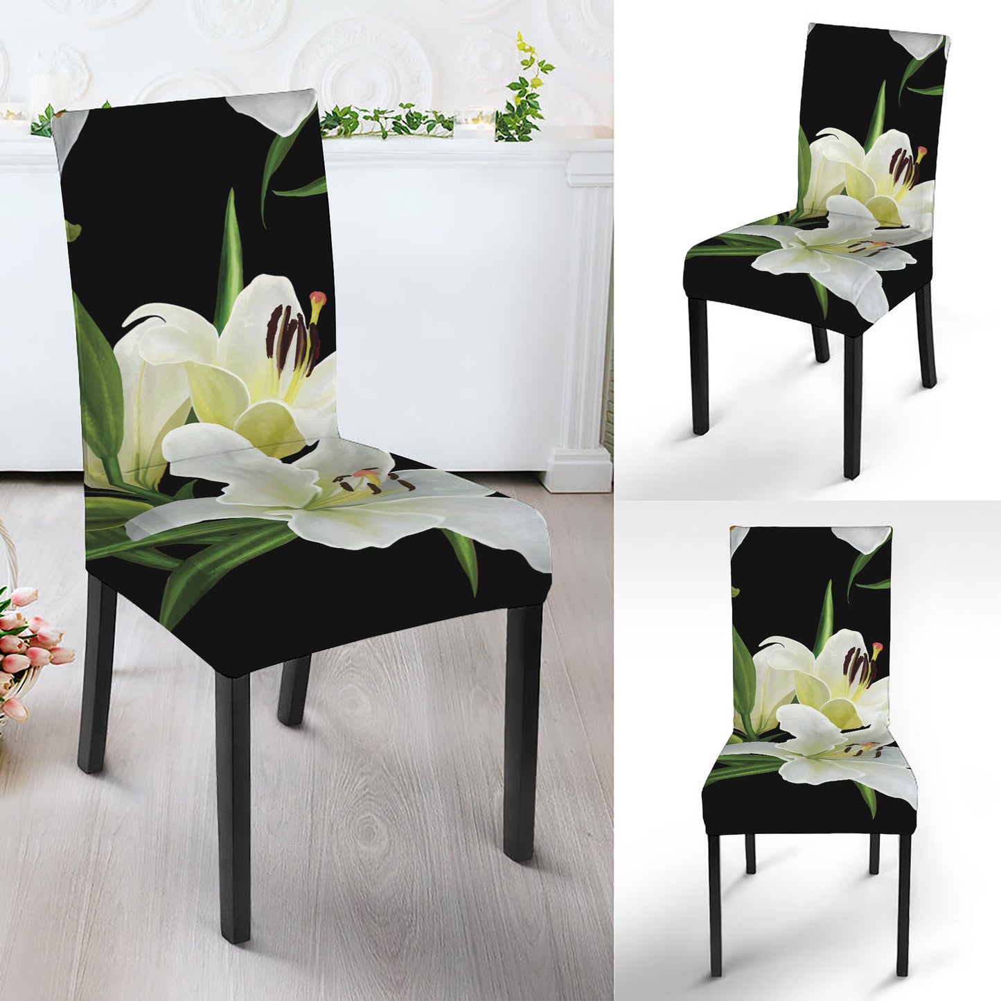 White Lily Print Dining Chair Slipcover