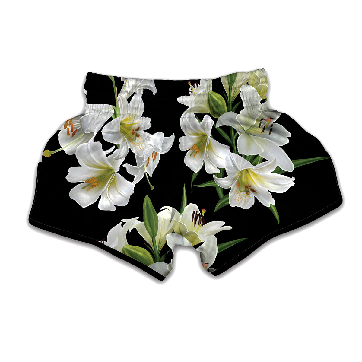 White Lily Print Muay Thai Boxing Shorts