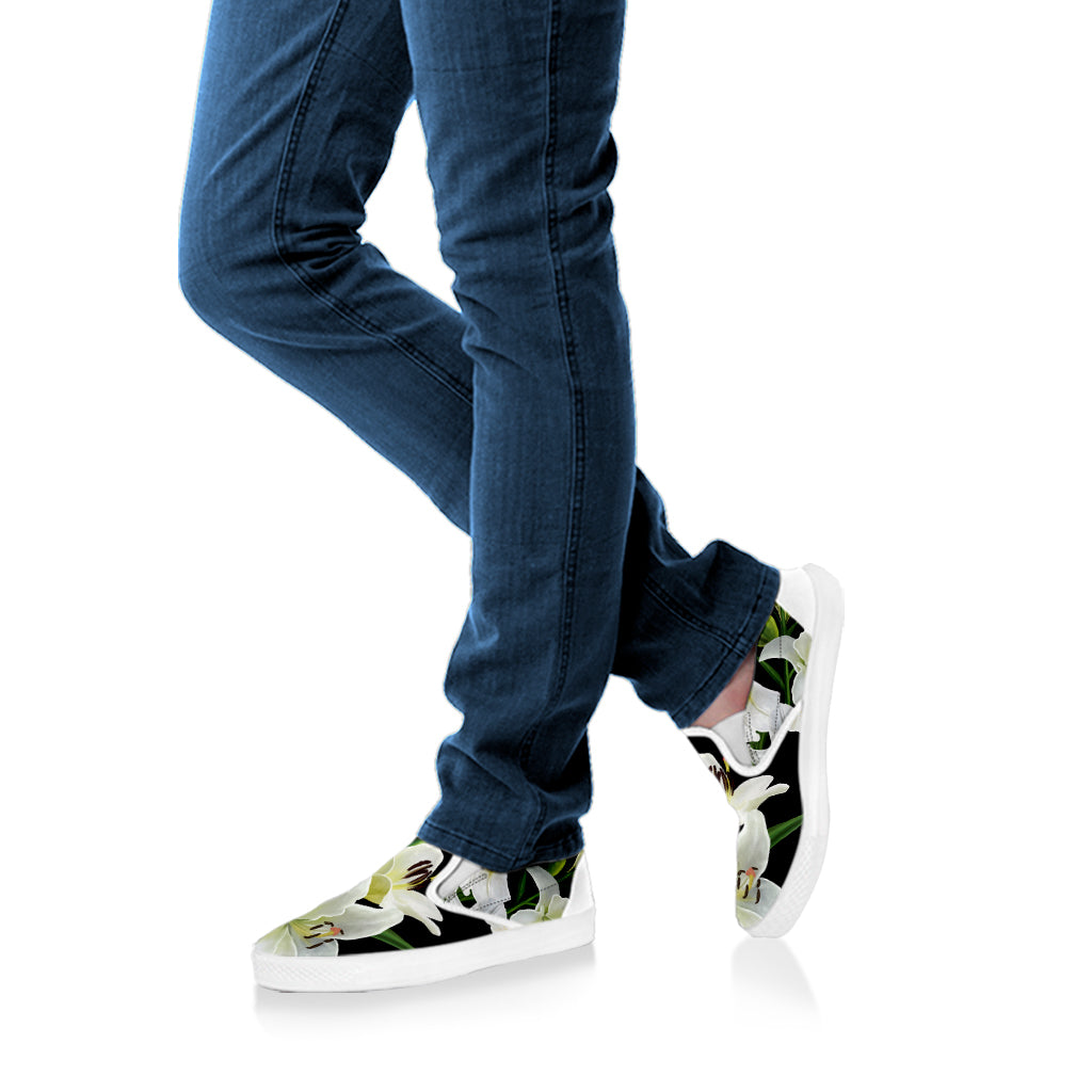 White Lily Print White Slip On Shoes