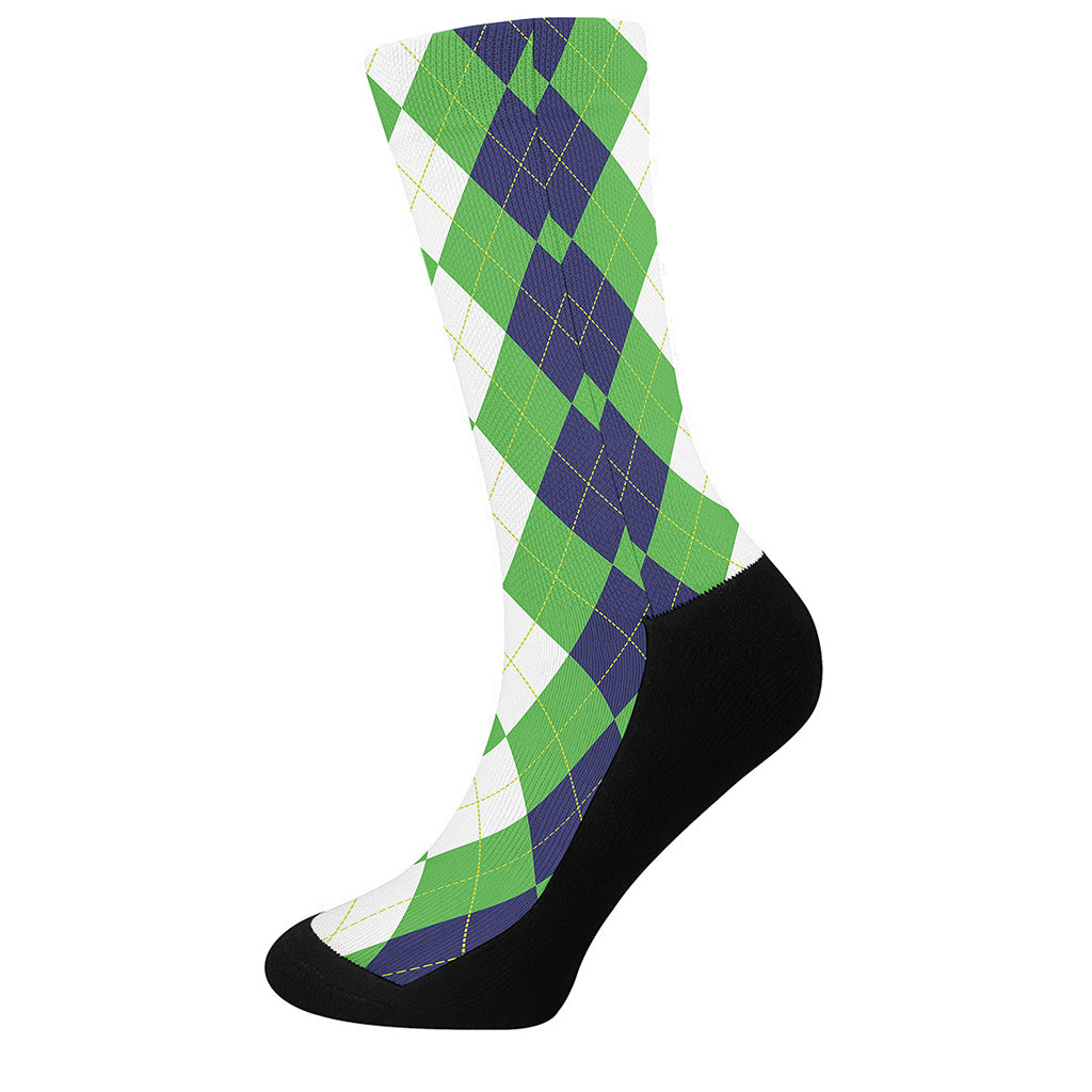White Navy And Green Argyle Print Crew Socks
