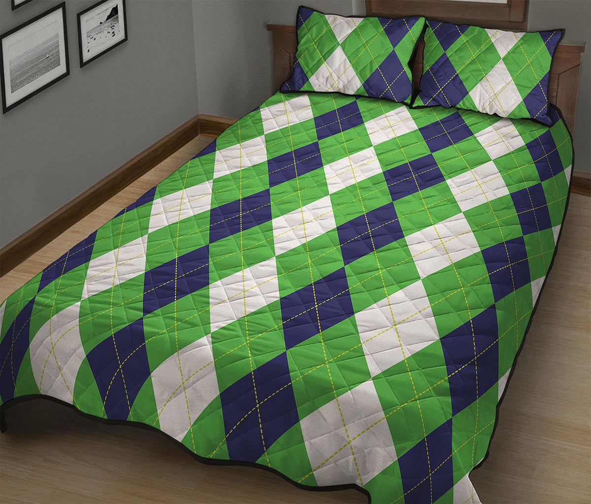 White Navy And Green Argyle Print Quilt Bed Set