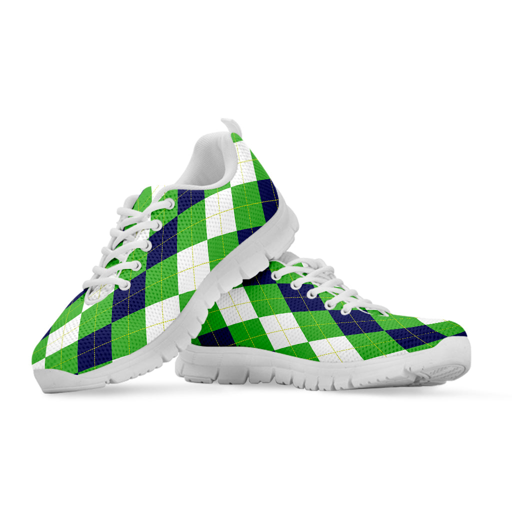 White Navy And Green Argyle Print White Sneakers