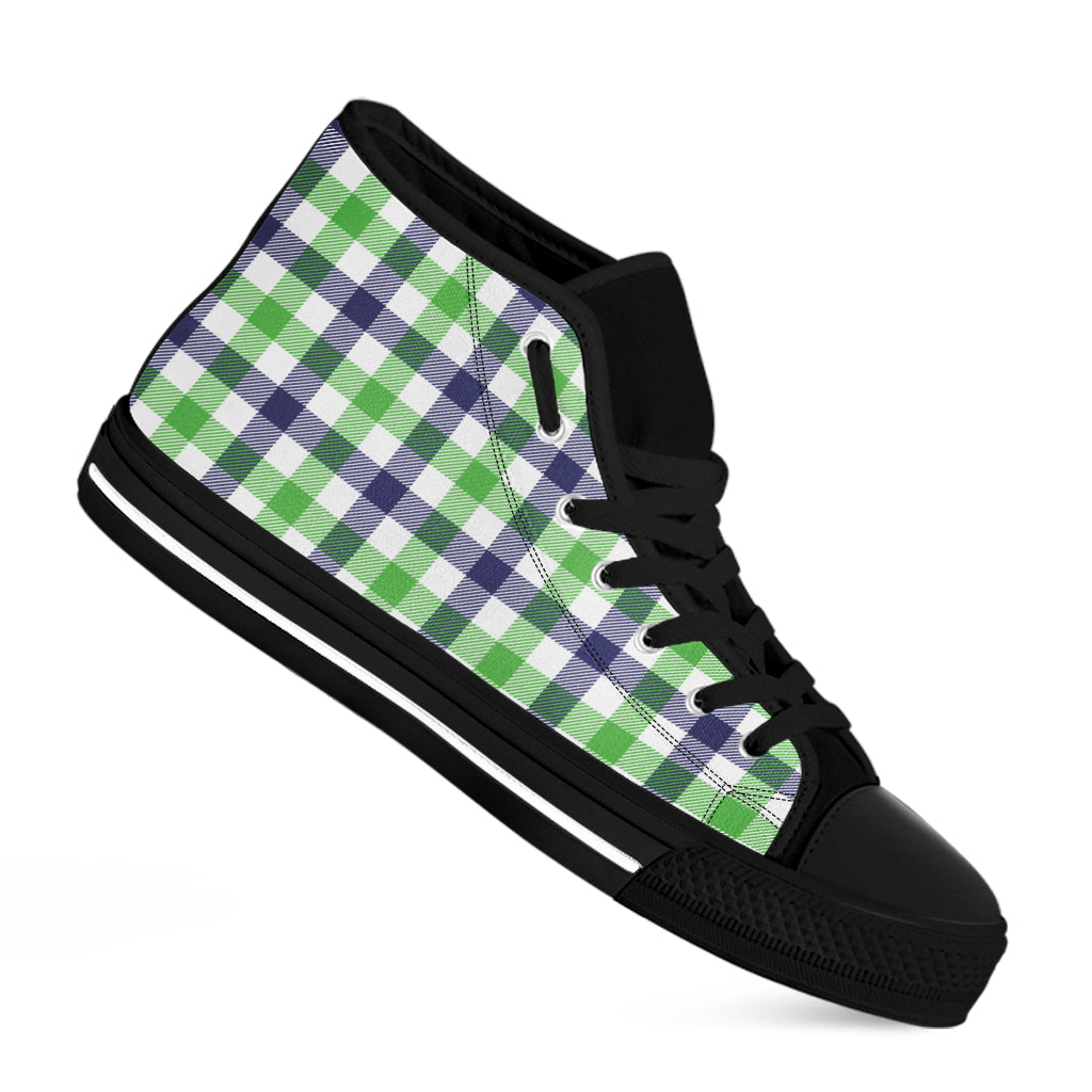 White Navy And Green Plaid Print Black High Top Shoes
