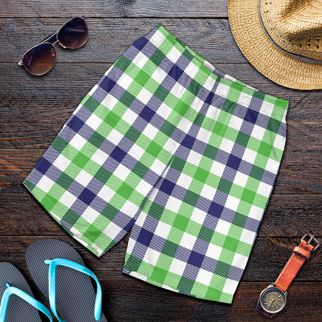 White Navy And Green Plaid Print Men's Shorts